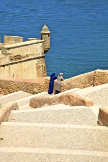 Rabat, Modern Capital and Historic City: a Shared Heritage Collection: Two People On City Walls, Oudaia Kasbah, Rabat, Morocco, North Africa
