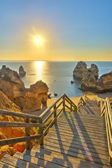 Prints of Portugal, Algarve, Lagos, sunrise over Camilo Beach (Praia do Camilo) Portugal Prints: Lagos Sunrise Over Camilo Beach Print