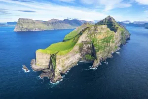 Prints of Panoramic aerial view of the island of Kalsoy with the Kallur lighthouse cliff in the foreground, Kalsoy island, Faroe islands, Denmark Denmark Prints: Panoramic Aerial Print of Kalsoy Island