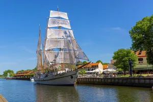 Prints of The Meridianas Sailing Ship on the Dane River, Klaipeda, Lithuania River Prints: The Meridianas Sailing Ship Print