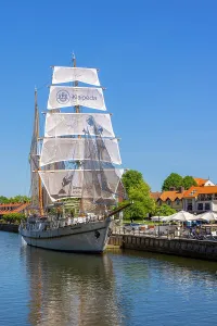 Prints of The Meridianas Sailing Ship on the Dane River, Klaipeda, Lithuania River Prints: The Meridianas Sailing Ship Print