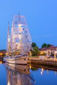 Prints of The Meridianas Sailing Ship on the Dane River at Dusk, Klaipeda, Lithuania River Prints: The Meridianas Sailing Ship Print, Dane River at Dusk
