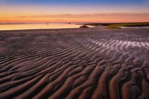 USA Coastal Landscapes Prints: Sunset over sand patterns at beach on Cape Cod, Orleans, Massachusetts, USA