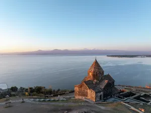 Armenian Monastery Prints: An aerial view of Sevanavank church on Lake Sevan, Armenia