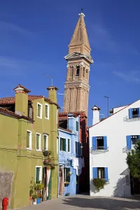Prints of Italy, Veneto, Venice, Burano, The colourful houses of Burano and San Marino church San Marino Prints: Colourful Houses of Burano Print, Italy
