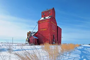 Red Grain Elevator Print, Winter Scene in Dysart Saskatchewan