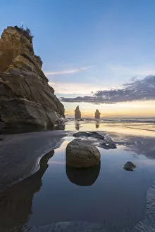 New Zealand Coastal Scenes Prints: Reflection of the Three Sisters with low tide, at sunset