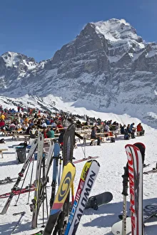 Prints of Relaxing outside a mountain restaurant, Grindelwald, Jungfrau region, Bernese Oberland, Swiss Alps, Switzerland Map Prints: Relaxing Scene - Grindelwald Mountain Restaurant Print