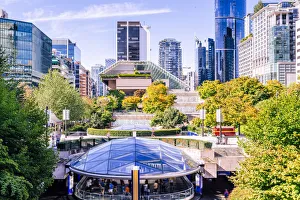 Robson Square, skyline and green trees in Vancouver, Brithsh Columbia, Canada Robson Square, skyline and green trees in Vancouver, Brithsh Columbia, Canada