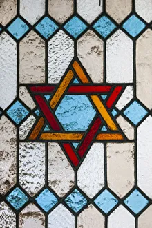 Prints of Romania, Bucharest, Tailors Synagogue, Star of David, stained-glass window detail Romania Prints: Romania, Bucharest, Tailors Synagogue Stained-Glass Print