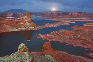 Sandstone erosion landscape and moon at Alstrom Point at Lake Powell - USA, Utah, Kane Sandstone erosion landscape and moon at Alstrom Point at Lake Powell - USA, Utah, Kane