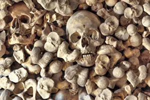 Sculls and bones, ossuary of the church of Santa Maria de Wamba, Valladolid, Castile Sculls and bones, ossuary of the church of Santa Maria de Wamba, Valladolid, Castile