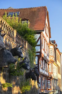 Sculptures of animal heads and half-timbered buildings, Marburg, Hesse, Germany Sculptures of animal heads and half-timbered buildings, Marburg, Hesse, Germany