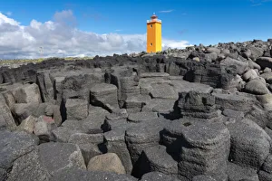 Icelandic Natural Landscapes Prints: Selvogsviti Lighthouse and basalt columns, Selvogur, Reykjanes Peninsula, Iceland