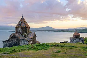 Armenia Travel Destinations Prints: Sevanavank church on Lake Sevan at sunset, Sevan, Gegharkunik Province, Armenia