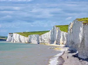 East Sussex Beaches Prints: Seven Sisters Cliffs, elevated view, Birling Gap, East Sussex, England, United Kingdom