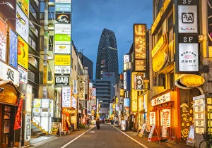 Shinjuku, Tokyo, Kanto region, Japan. Illuminated neon signs at dusk and Cocoon Tower Shinjuku, Tokyo, Kanto region, Japan. Illuminated neon signs at dusk and Cocoon Tower