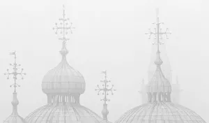 Silhouettes of St. Marks Cathedral and Campanile San Giorgio Maggiore in the fog Silhouettes of St. Marks Cathedral and Campanile San Giorgio Maggiore in the fog