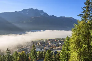 Silvaplana with Piz Corvatsch in morning fog, Bernina mountain range, Upper Engadin Silvaplana with Piz Corvatsch in morning fog, Bernina mountain range, Upper Engadin