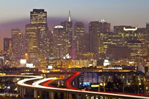 Skyline and skyscrapers seen from Protrero Hill with traffic on Highway I-280, San Skyline and skyscrapers seen from Protrero Hill with traffic on Highway I-280, San