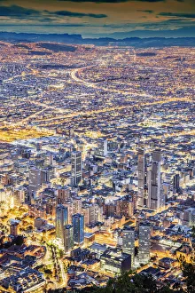 South America, Colombia, Bogota, elevated view of the city centre showing illuminated South America, Colombia, Bogota, elevated view of the city centre showing illuminated