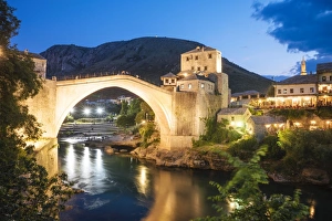 Prints of Stari Most Bridge at night, Mostar, Bosnia and Hercegovina Bosnia And Herzegovina Prints: Stari Most Bridge Nighttime Print