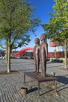 North Holland Travel Destinations Prints: Statue in park and Python Bridge, Zeeburg, Amsterdam, Noord Holland, Netherlands