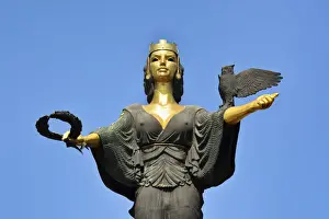 Prints of Statue of Sveta Sofia (Statue of Saint Sophia) by the sculptor Georgi Chapkanov, with the symbols of power (crown), fame (wreath) and wisdom (owl). Sofia, Bulgaria Sofia Prints: Print of Statue of Sveta Sofia with crown, wreath and owl