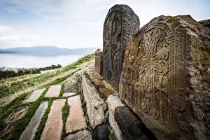 Armenia Prints: Print of Stele near Sevanavank monastery, Armenia