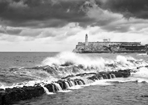 A stormy sea along the Malecon, Cuba, Havana, Castillo del Morro (Castillo de los A stormy sea along the Malecon, Cuba, Havana, Castillo del Morro (Castillo de los