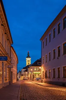 Empty street and Black Tower at twilight, Ceske Budejovice, South Bohemian Region, Czech Republic Empty street and Black Tower at twilight, Ceske Budejovice, South Bohemian Region, Czech Republic