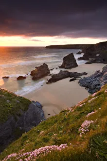 England Coastal Scenery Prints: Sunset over Bedruthan Steps, North Cornwall, England. Spring (May) 2009