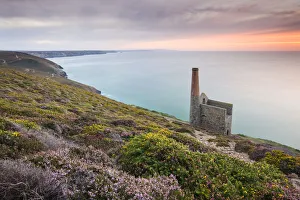 UK Rural Landscape Photography Prints: Sunset behind Towanroath Engine House, part of Wheal Coates Tin Mine on the Cornish
