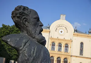 Hungarian Architecture Prints: Synagogue and statue in Kossuth Square, Pecs, Southern Transdanubia, Hungary