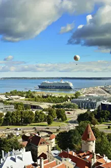 Prints of Tallinns Old Town and a cruise ship at Linnahall Harbour in the background. Tallinn, Estonia Estonia Prints: Tallinn Old Town Print with Cruise Ship at Linnahall Harbour