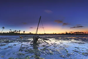 Tanzania. Zanzibar, Jambiani Beach, Dhow (traditional imbarcation) exposed at low tide Tanzania. Zanzibar, Jambiani Beach, Dhow (traditional imbarcation) exposed at low tide
