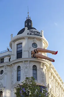 Teatro Calderon, Calderon theatre with giant model legs sticking out of window, Madrid Teatro Calderon, Calderon theatre with giant model legs sticking out of window, Madrid