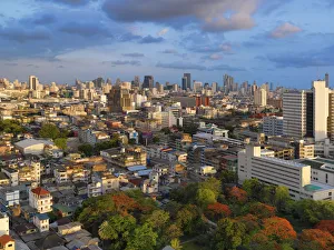 Thailand, Bangkok, Overview of city skyline at sunset Thailand, Bangkok, Overview of city skyline at sunset