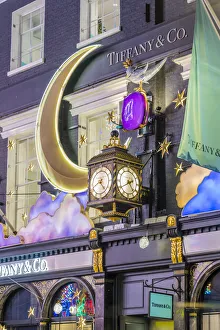 Tiffany clock and christmas decorations, Old Bond street, London, England, UK Tiffany clock and christmas decorations, Old Bond street, London, England, UK