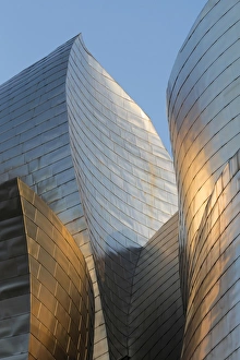 Titanium-clad exterior of the Guggenheim museum at sunset, Bilbao, Biscay, Spain Titanium-clad exterior of the Guggenheim museum at sunset, Bilbao, Biscay, Spain