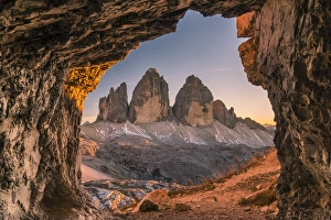Tre Cime di Lavaredo peaks or Drei Zinnen at sunset, Dobbiaco - Toblach, Trentino Tre Cime di Lavaredo peaks or Drei Zinnen at sunset, Dobbiaco - Toblach, Trentino