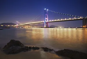 Tsing Ma bridge at dusk, Ma Wan, Hong Kong, China Tsing Ma bridge at dusk, Ma Wan, Hong Kong, China