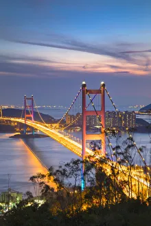 Tsing Ma Bridge at sunset, Tsing Yi, Hong Kong, China Tsing Ma Bridge at sunset, Tsing Yi, Hong Kong, China