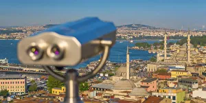 Turkey, Istanbul, View over Sultanahmet, The Golden Horn and Bosphorus, Tourist Binoculars Turkey, Istanbul, View over Sultanahmet, The Golden Horn and Bosphorus, Tourist Binoculars