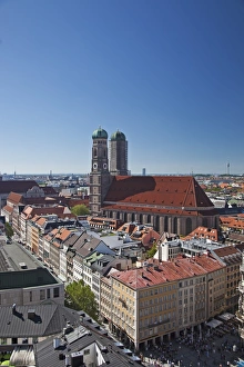 The twin towers of the Munich Frauenkirche and the Marianplatz viewed from the steeple of St The twin towers of the Munich Frauenkirche and the Marianplatz viewed from the steeple of St