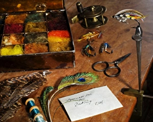 UK. Antique fly-tying equipment with a traditionally UK. Antique fly-tying equipment with a traditionally