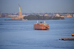 USA, America, New York, East River, staten isand ferry in front of statue of liberty USA, America, New York, East River, staten isand ferry in front of statue of liberty