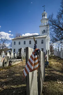 USA, Bennington, Old First Church Burying Ground, gravestones with US flag USA, Bennington, Old First Church Burying Ground, gravestones with US flag