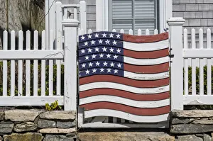 USA, Connecticut, Stonington, gate with US flag USA, Connecticut, Stonington, gate with US flag