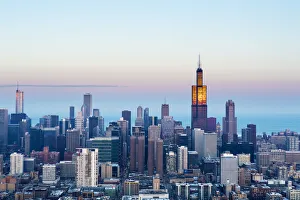 USA, Illinois, Chicago. An aerial view of the city at sunset USA, Illinois, Chicago. An aerial view of the city at sunset